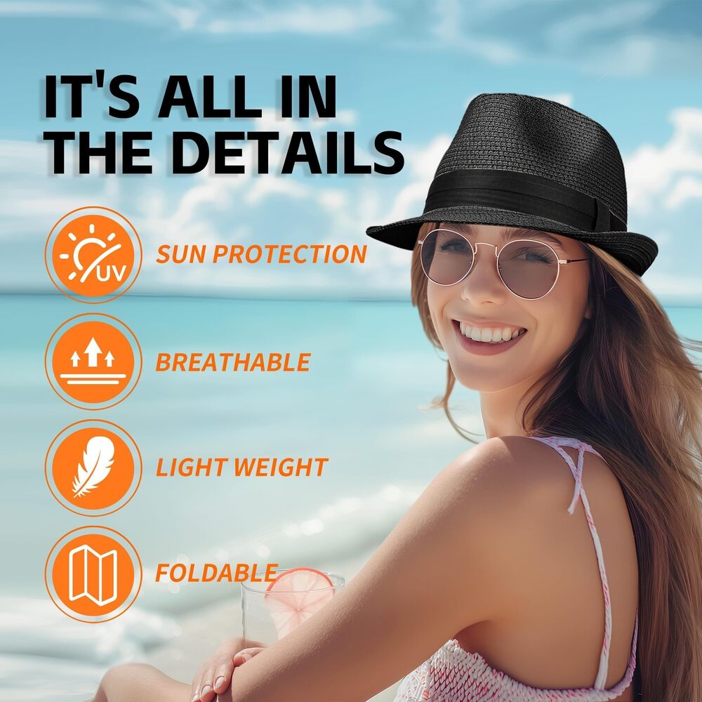 5254 Straw Fedora Hat Packable Short Brim Roll Up Trilby Hat Adjustable - Picture 2 of 5